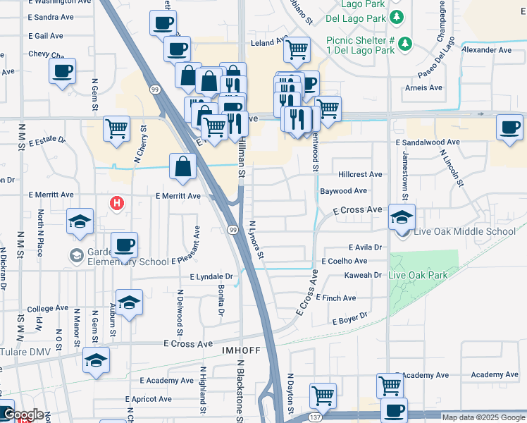 map of restaurants, bars, coffee shops, grocery stores, and more near 1176 East Fairview Avenue in Tulare