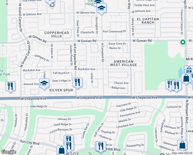 map of restaurants, bars, coffee shops, grocery stores, and more near 3300 Uribe Street in Las Vegas