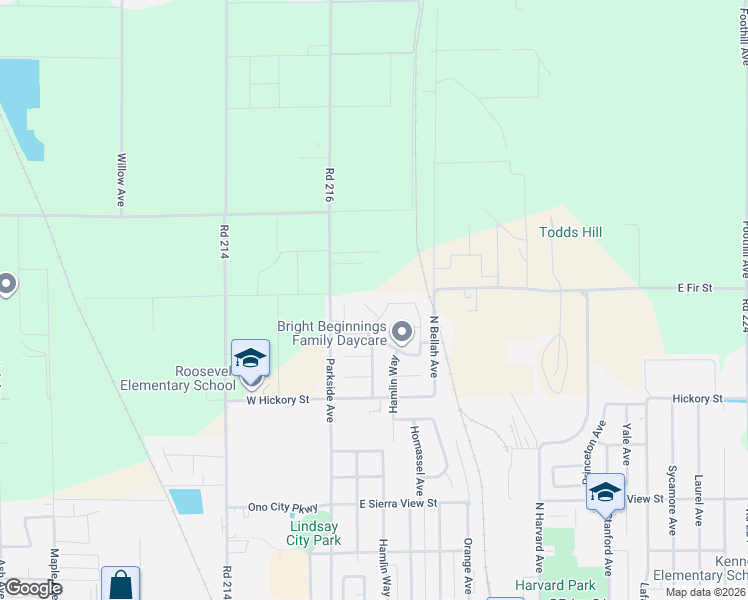 map of restaurants, bars, coffee shops, grocery stores, and more near 463 Rosewood Court in Lindsay
