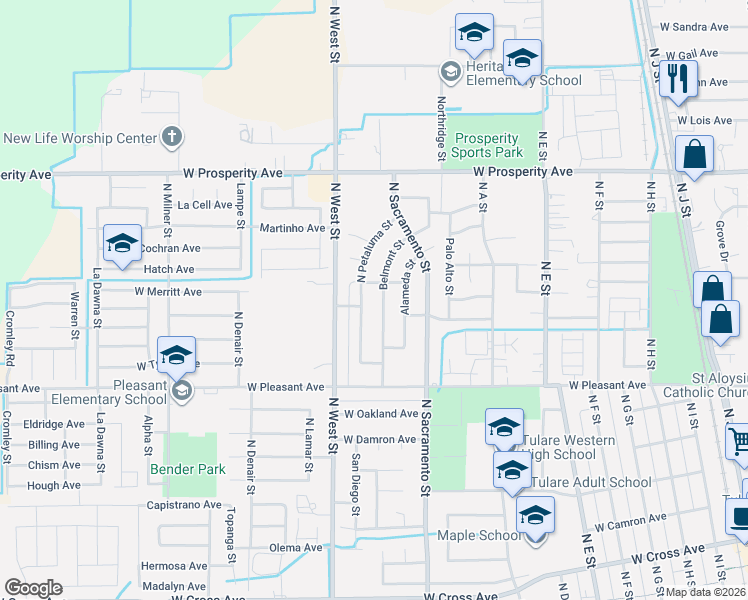 map of restaurants, bars, coffee shops, grocery stores, and more near 892 North Petaluma Street in Tulare