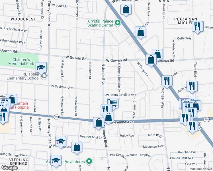 map of restaurants, bars, coffee shops, grocery stores, and more near 6017 West Monticeto Way in Las Vegas