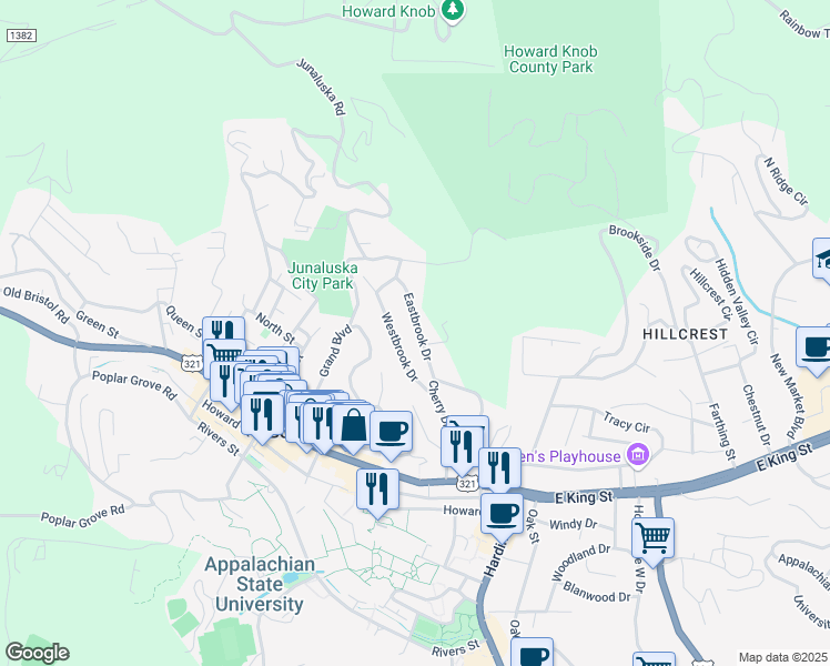 map of restaurants, bars, coffee shops, grocery stores, and more near 207 Eastbrook Street in Boone