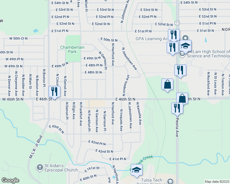 map of restaurants, bars, coffee shops, grocery stores, and more near 4619 North Hartford Avenue in Tulsa