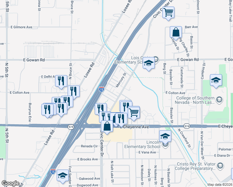 map of restaurants, bars, coffee shops, grocery stores, and more near 3361 Civic Center Drive in North Las Vegas