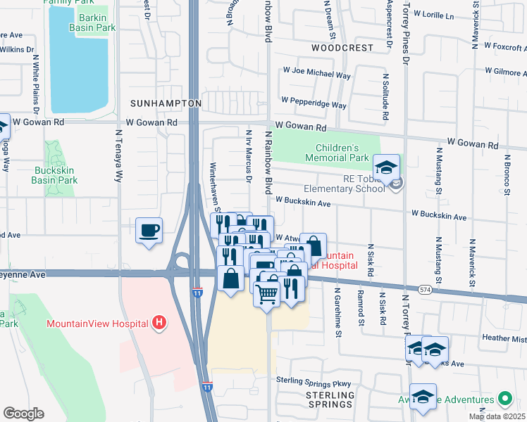 map of restaurants, bars, coffee shops, grocery stores, and more near 6701 West Willow Lake Court in Las Vegas