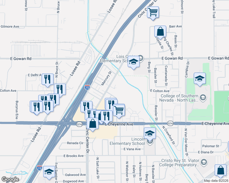 map of restaurants, bars, coffee shops, grocery stores, and more near 2300 Seco Adobe Circle in North Las Vegas
