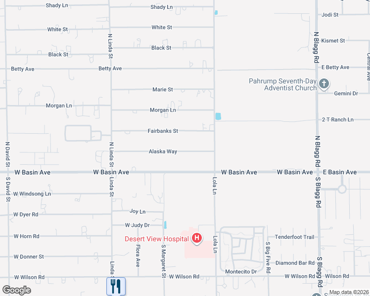 map of restaurants, bars, coffee shops, grocery stores, and more near 640 Alaska Way in Pahrump