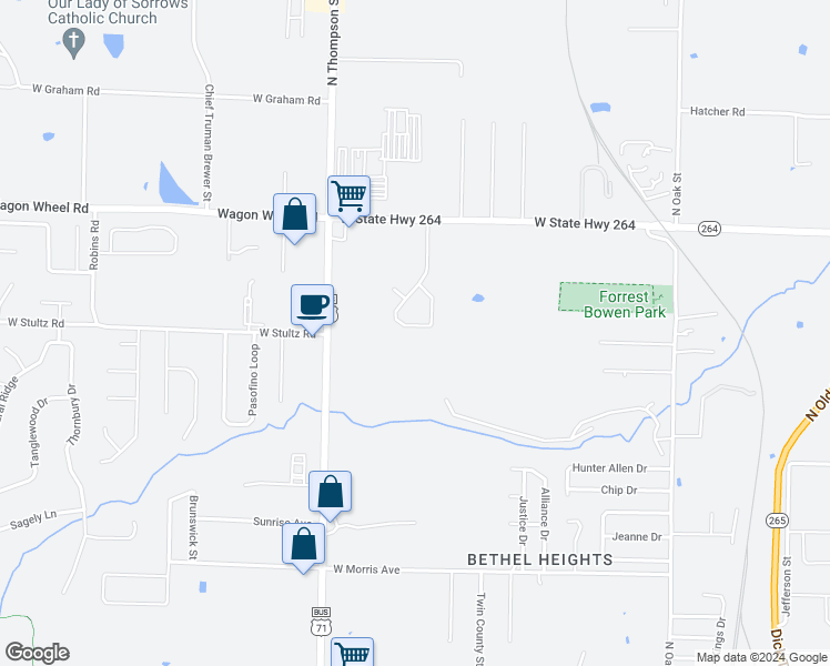 map of restaurants, bars, coffee shops, grocery stores, and more near 4082 Ferns Valley Loop in Springdale