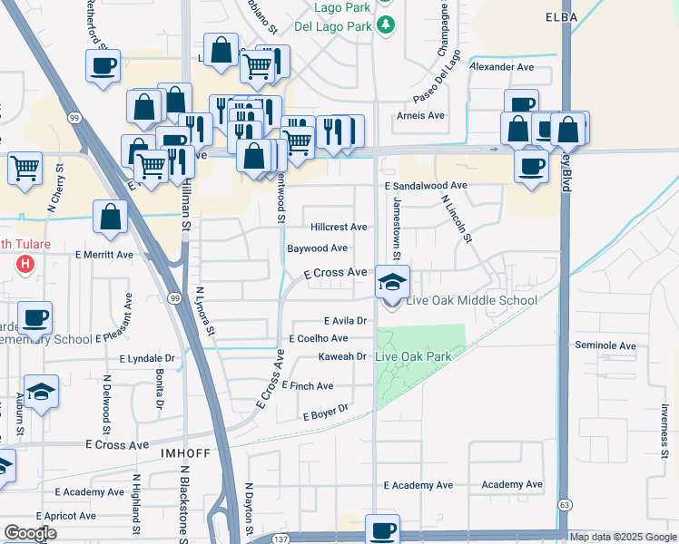 map of restaurants, bars, coffee shops, grocery stores, and more near 1575 East Cross Avenue in Tulare