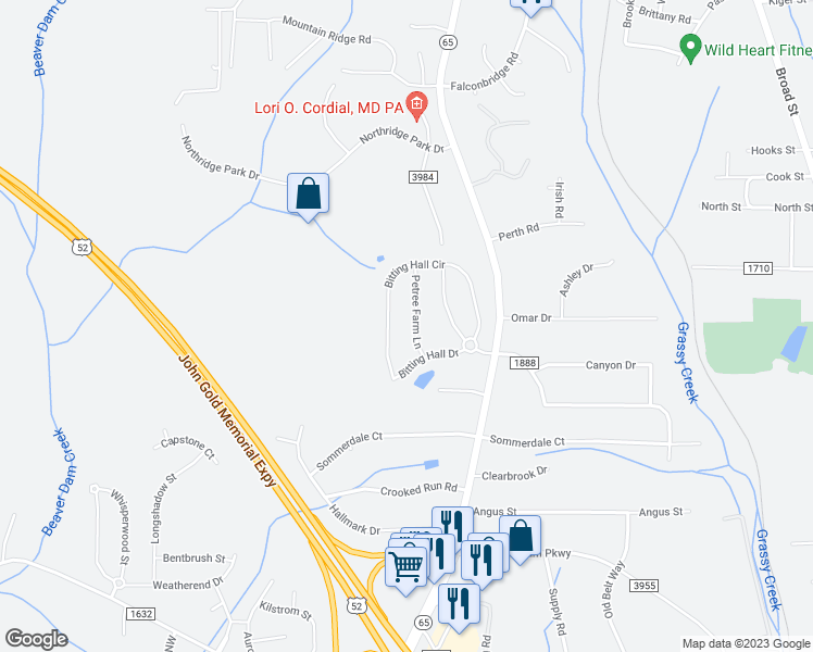 map of restaurants, bars, coffee shops, grocery stores, and more near 734 Petree Farm Lane in Rural Hall