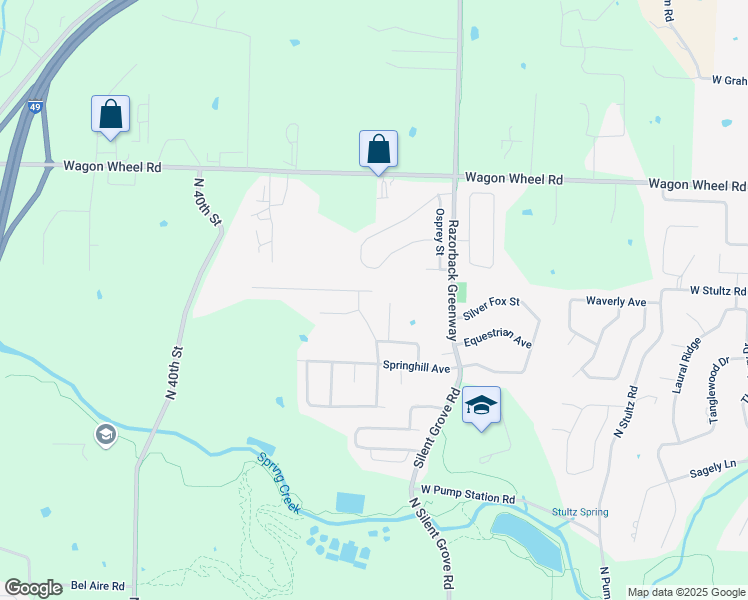 map of restaurants, bars, coffee shops, grocery stores, and more near 3105 Whispering Spring Avenue in Springdale