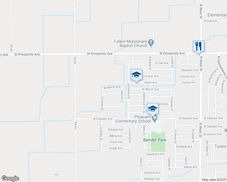 map of restaurants, bars, coffee shops, grocery stores, and more near 2240 Dandelion Avenue in Tulare