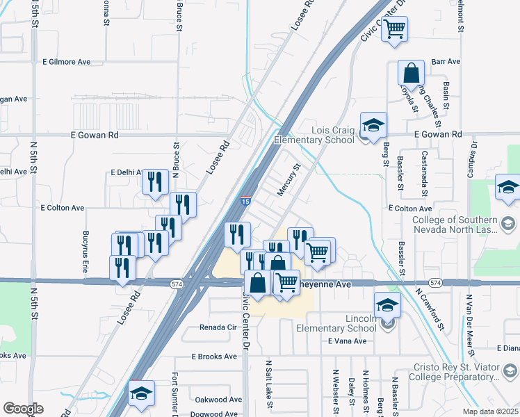 map of restaurants, bars, coffee shops, grocery stores, and more near 2101 Sun Avenue in North Las Vegas