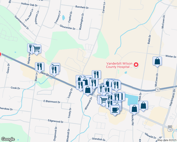 map of restaurants, bars, coffee shops, grocery stores, and more near 201 Carver Lane in Lebanon