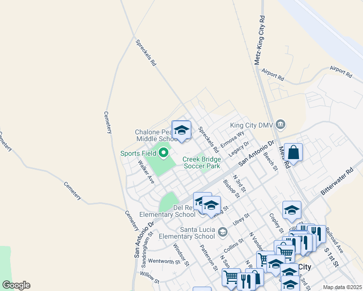 map of restaurants, bars, coffee shops, grocery stores, and more near 667 Meyer Street in King City