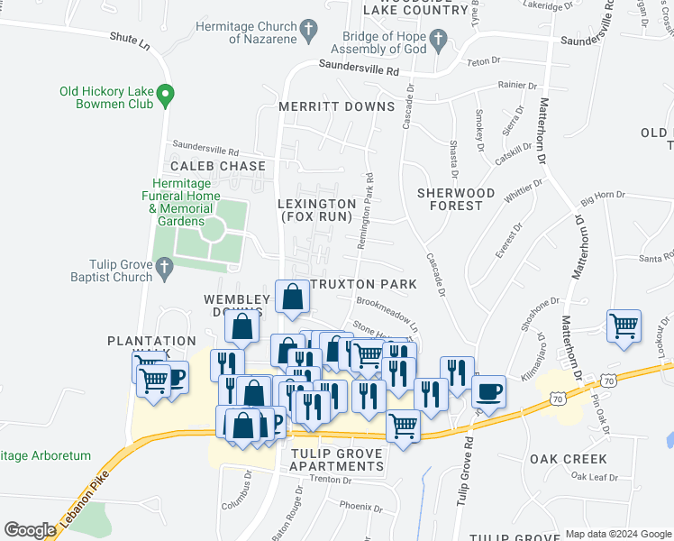 map of restaurants, bars, coffee shops, grocery stores, and more near 2316 Crescent Valley Place in Nashville
