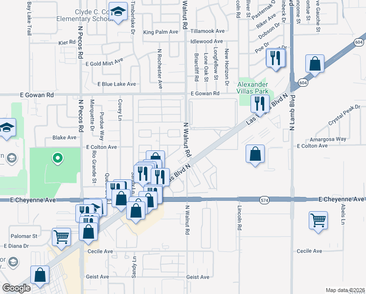 map of restaurants, bars, coffee shops, grocery stores, and more near North Walnut Road in Las Vegas