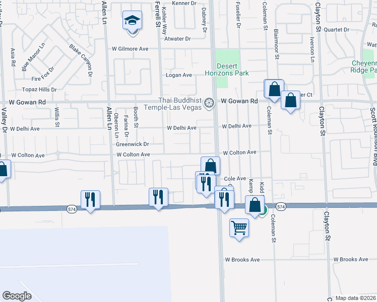 map of restaurants, bars, coffee shops, grocery stores, and more near 3106 Emeritus Circle in North Las Vegas