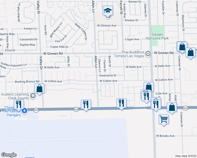 map of restaurants, bars, coffee shops, grocery stores, and more near 3428 Oberon Lane in North Las Vegas