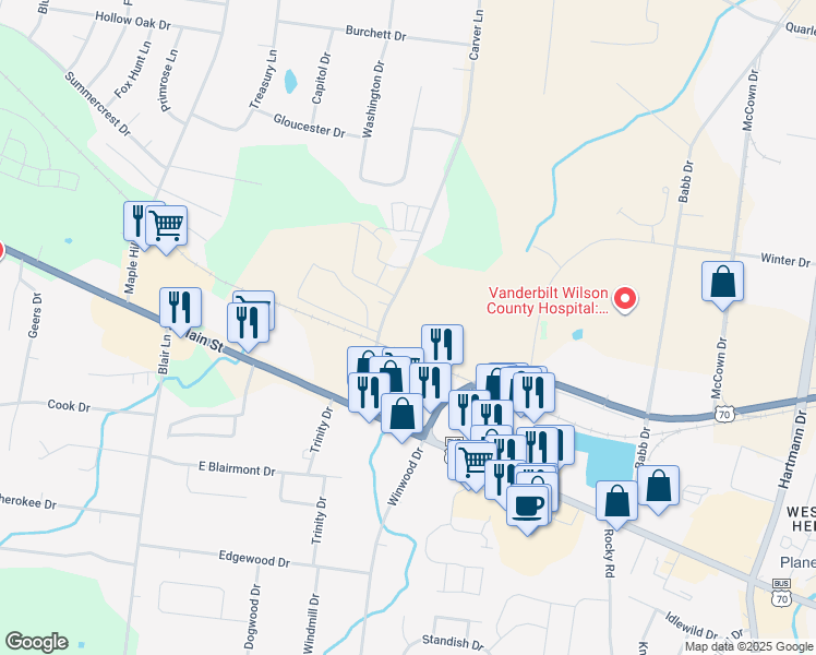 map of restaurants, bars, coffee shops, grocery stores, and more near 201 Carver Lane in Lebanon