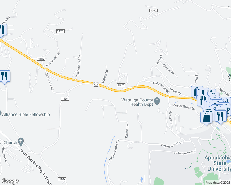 map of restaurants, bars, coffee shops, grocery stores, and more near 1557 North Carolina 194 in Boone