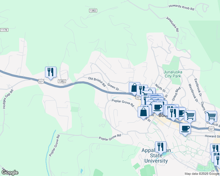 map of restaurants, bars, coffee shops, grocery stores, and more near 140 Old Bristol Road in Boone