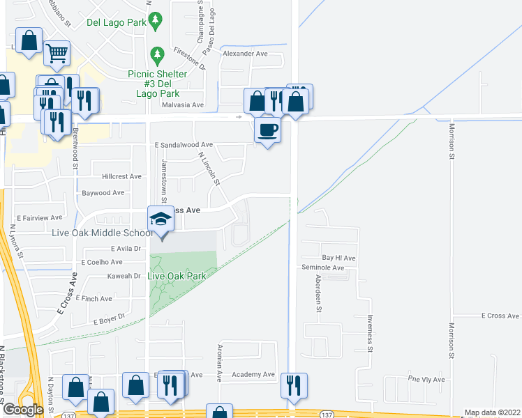 map of restaurants, bars, coffee shops, grocery stores, and more near 2101 East Cross Avenue in Tulare