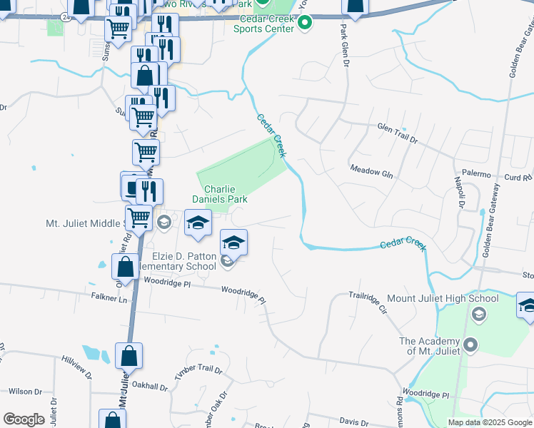 map of restaurants, bars, coffee shops, grocery stores, and more near 100 Willow Creek Drive in Mt. Juliet
