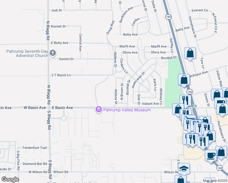 map of restaurants, bars, coffee shops, grocery stores, and more near 120 Abilene Street in Pahrump