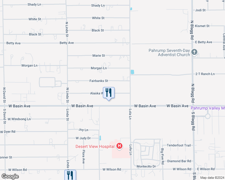 map of restaurants, bars, coffee shops, grocery stores, and more near 640 Alaska Way in Pahrump