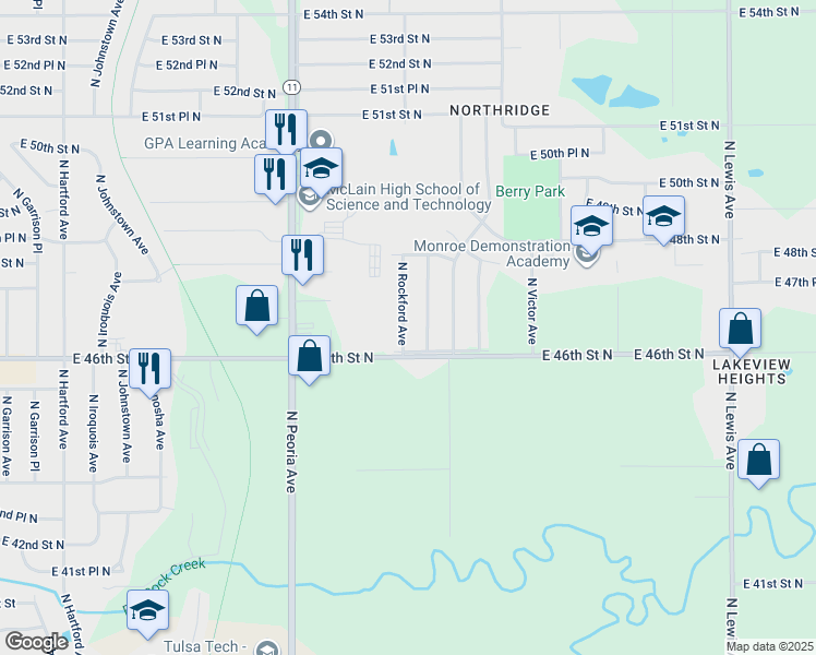 map of restaurants, bars, coffee shops, grocery stores, and more near 4623 North Rockford Avenue in Tulsa