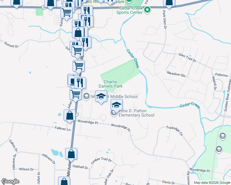 map of restaurants, bars, coffee shops, grocery stores, and more near 1075 Charlie Daniels Parkway in Mt. Juliet