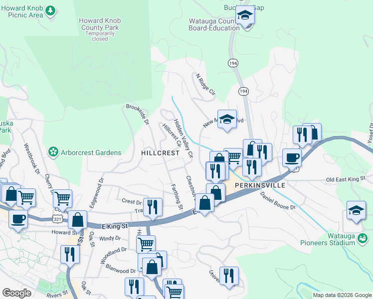 map of restaurants, bars, coffee shops, grocery stores, and more near 199 Hidden Valley Circle in Boone