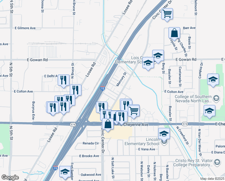 map of restaurants, bars, coffee shops, grocery stores, and more near 2200C Comet Avenue in North Las Vegas