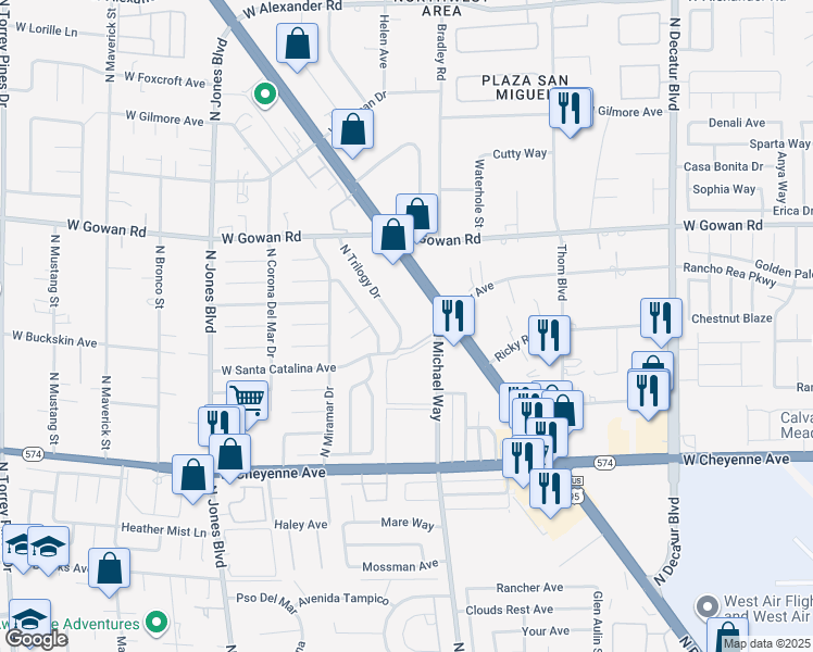 map of restaurants, bars, coffee shops, grocery stores, and more near 3440 North Trilogy Drive in Las Vegas