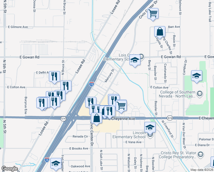 map of restaurants, bars, coffee shops, grocery stores, and more near 3405 Civic Center Drive in North Las Vegas