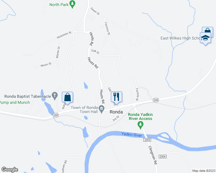 map of restaurants, bars, coffee shops, grocery stores, and more near 306 Old Traphill Road in Ronda