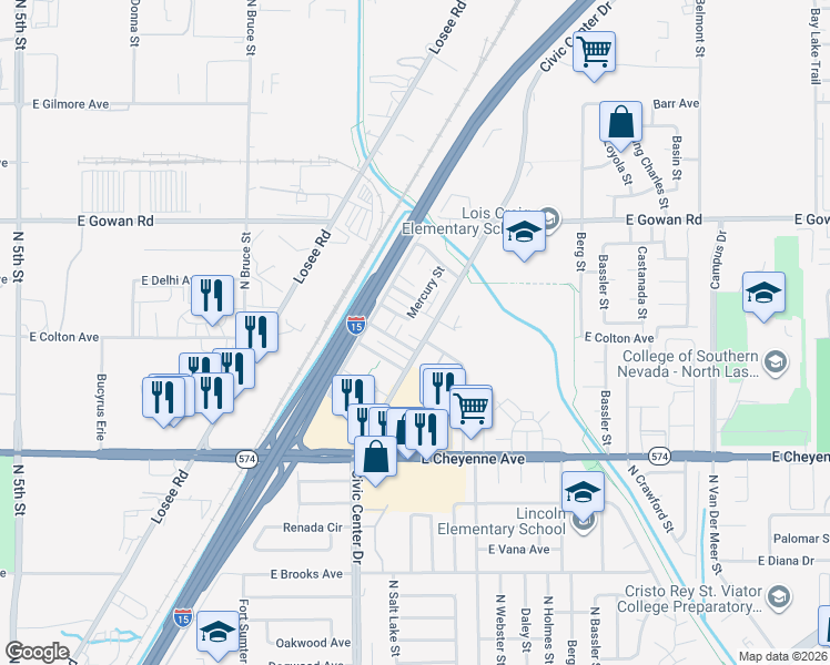 map of restaurants, bars, coffee shops, grocery stores, and more near 3405 Civic Center Drive in North Las Vegas