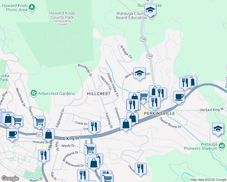 map of restaurants, bars, coffee shops, grocery stores, and more near 247 Hidden Valley Circle in Boone