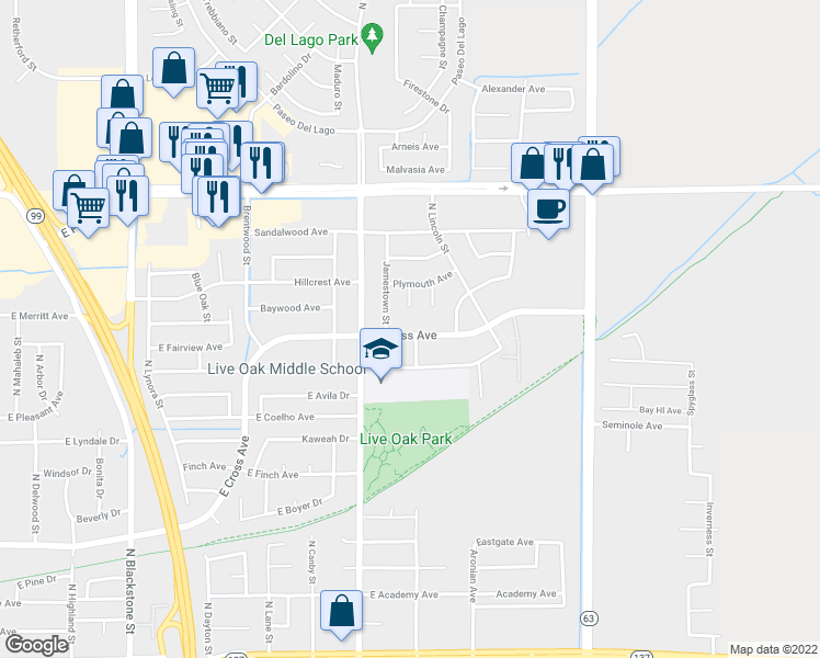 map of restaurants, bars, coffee shops, grocery stores, and more near 1796 East Cross Avenue in Tulare