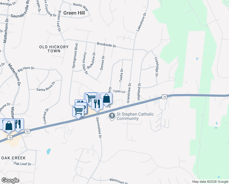 map of restaurants, bars, coffee shops, grocery stores, and more near 103 Lynn Lane in Green Hill