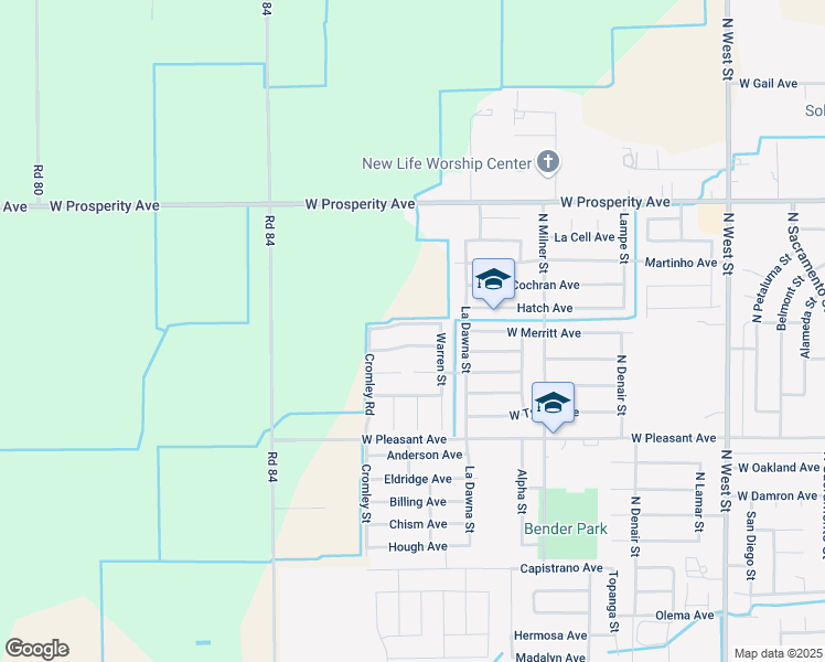 map of restaurants, bars, coffee shops, grocery stores, and more near 2233 West Merritt Avenue in Tulare