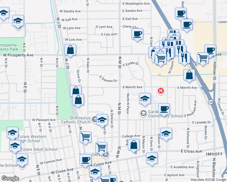 map of restaurants, bars, coffee shops, grocery stores, and more near 311 E Merritt Ave in Tulare
