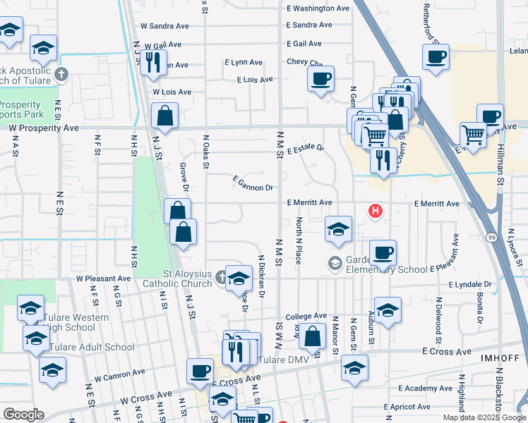 map of restaurants, bars, coffee shops, grocery stores, and more near 221 East Woodward Drive in Tulare