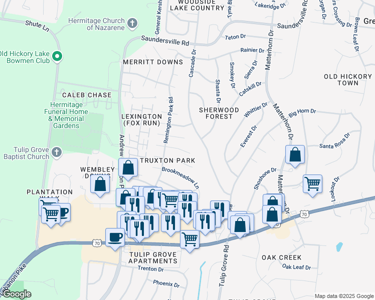 map of restaurants, bars, coffee shops, grocery stores, and more near 2629 Spring Farm Lane in Nashville