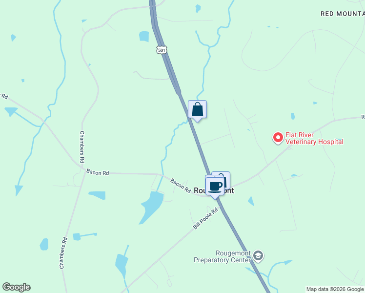 map of restaurants, bars, coffee shops, grocery stores, and more near 13201 North Roxboro Street in Rougemont