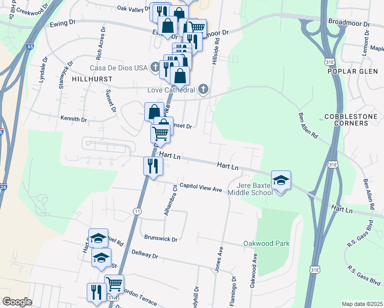 map of restaurants, bars, coffee shops, grocery stores, and more near 119 Hart Lane in Nashville