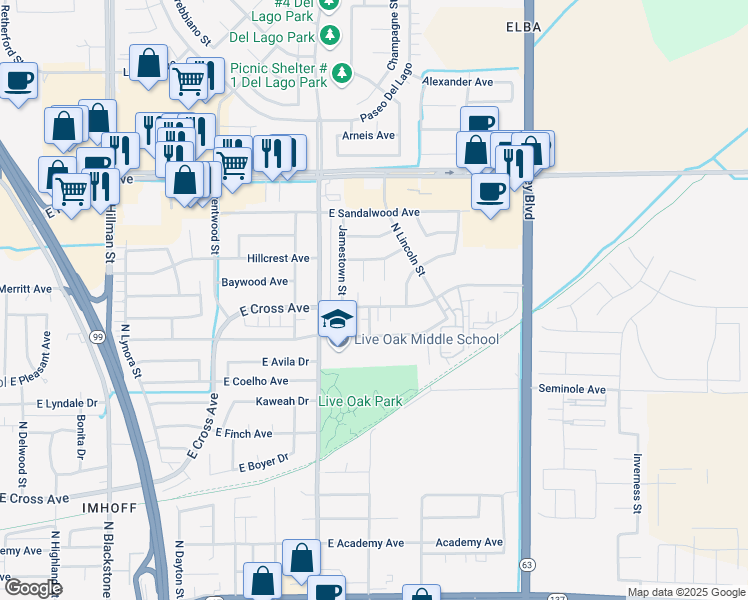 map of restaurants, bars, coffee shops, grocery stores, and more near 1130 North Heritage Court in Tulare