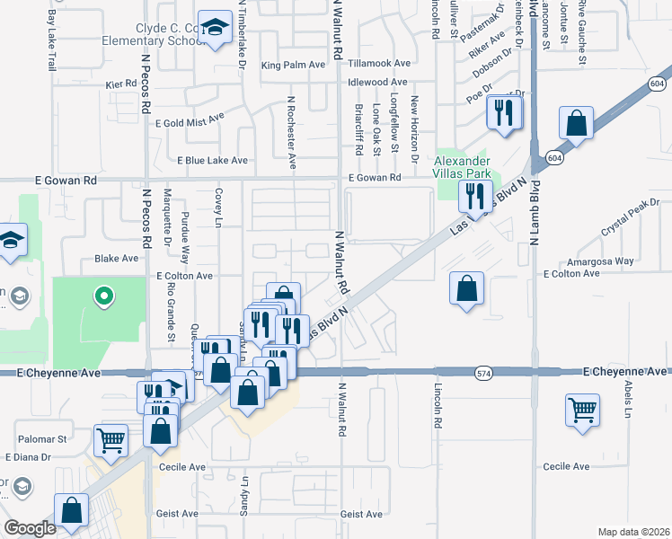 map of restaurants, bars, coffee shops, grocery stores, and more near North Walnut Road in Las Vegas