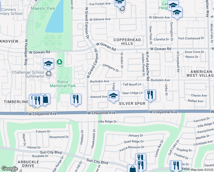 map of restaurants, bars, coffee shops, grocery stores, and more near 3336 North Hidden Ridge Street in Las Vegas
